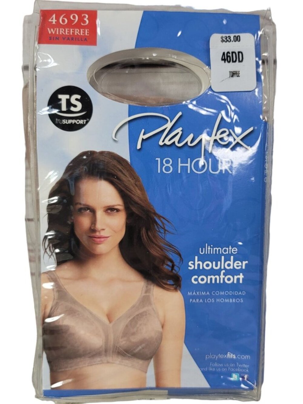 Playtex 18 Hour Wirefree Bra Toffee 46DD Ultimate Shoulder Comfort #4693 NEW